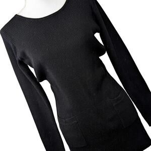 AB STUDIO! SLEEK BLACK RIBBED KNIT POCKET 2 FRONT SWEATER DRESS! SZ M